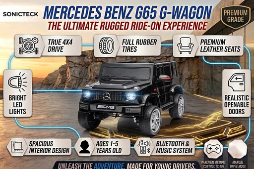 Black Mercedes-Benz G65 G-Wagon kids 4x4 ride-on SUV with glowing round LED headlights, silver alloy-style wheels, and custom AMG badge parked on a futuristic lit display pad against a canyon backdrop