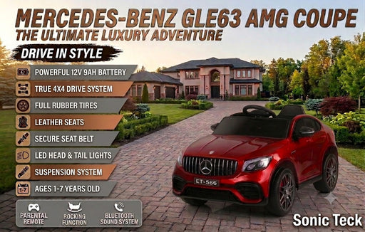 Red Mercedes-Benz GLE63 AMG Coupe 12V kids ride-on car with vertical Panamericana grille, LED headlights, and multi-spoke wheels parked on a cobblestone driveway outside a luxury home
