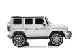 White Mercedes G63 kids ride-on SUV with LED headlights, designed for outdoor fun and adventure.