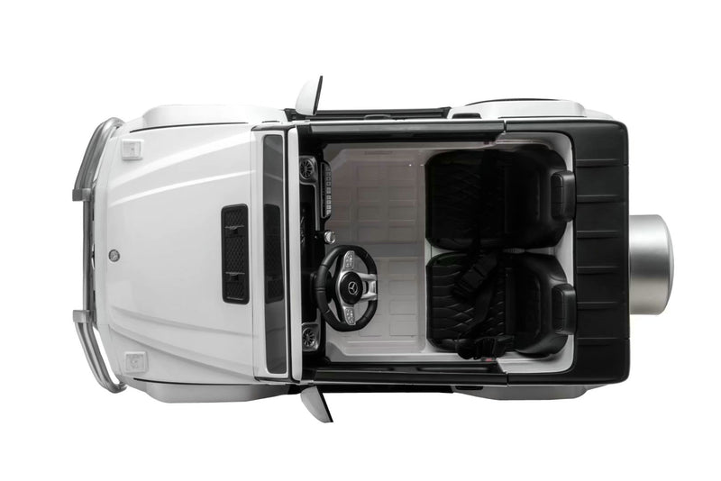 4x4 Mercedes G63 ride-on car for children, rubber tires, durable design, and two-seater layout.