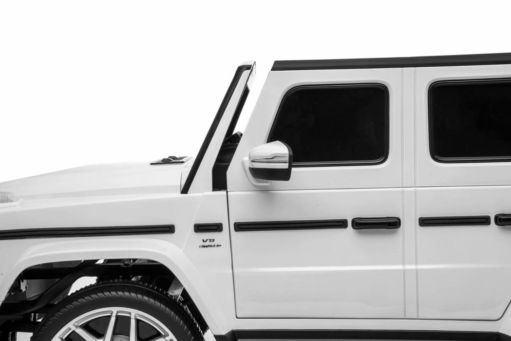 Kids electric Mercedes G63 SUV ride-on car with LED lights, leather seats, and Bluetooth audio.