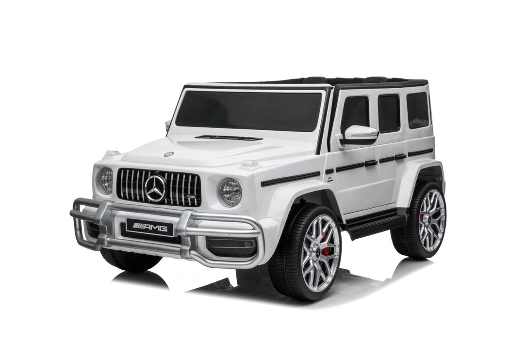 Front view of Mercedes G63 AMG 24V ride-on car for kids showing grille, LED headlights, and realistic G-Wagon styling.