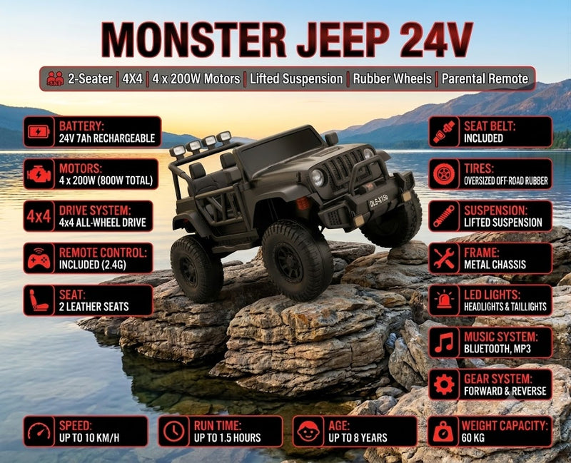 Monster Jeep 24V Ride-On Car – 2-Seater | 4X4 | 4 x 200W Motors | Lifted Suspension | Rubber Wheels | Parental Remote