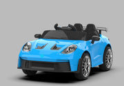 A blue Porsche-style 12V kids ride-on car with LED lights visible on the front and a remote control.