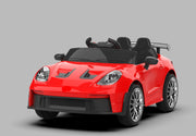 A blue Porsche-style 12V kids ride-on car with LED lights visible on the front and a remote control.