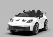 A blue Porsche-style 12V kids ride-on car with realistic opening doors, LED lights, and a built-in music system.
