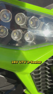 Specs and Features for the 24V Large 2 Seater BLAZER Ride on UTV for kids with a metal frame and lifted suspension