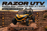 Razor XL 2-seater kids 24V ride-on UTV buggy with off-road rubber tires and roof lights parked on a rocky desert canyon trail