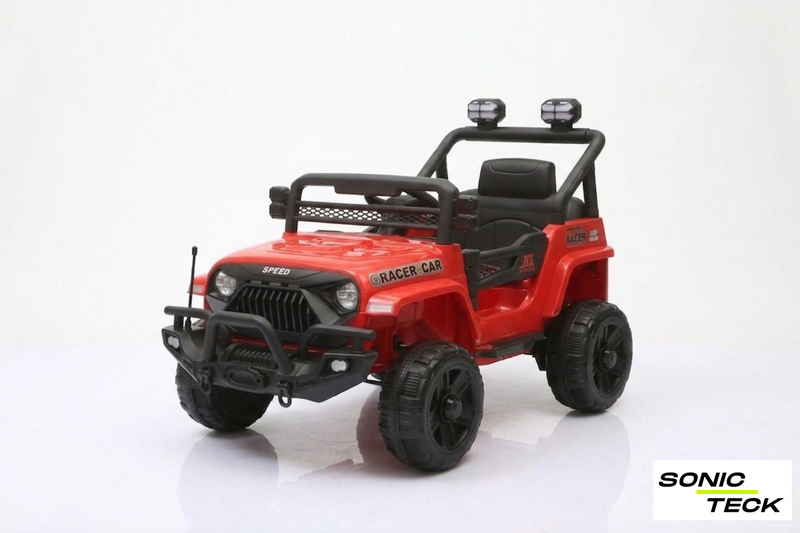 Red toy jeep with black accents on a white background, featuring the brand 'Sonic Teck'.