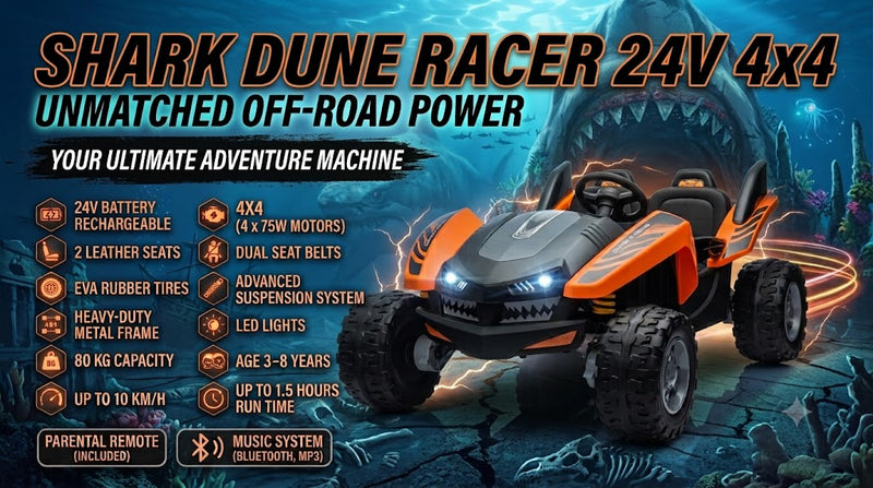 Shark Dune Racer 24V 4x4 Ride-On Car – 2-Seater Kids Electric Dune Buggy with Rubber Wheels, Leather Seats, and Metal Chassis