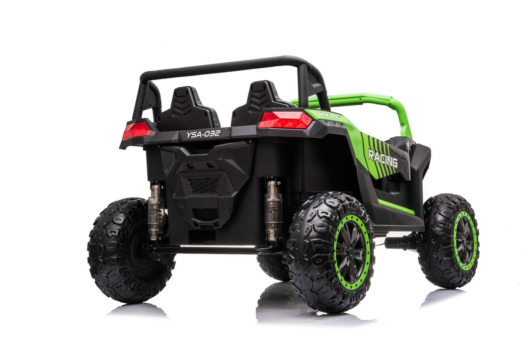SonicTeck Turbo UTV XXL 24V 4x4 Green Kids Ride-On Car being used outdoors on off-road terrain