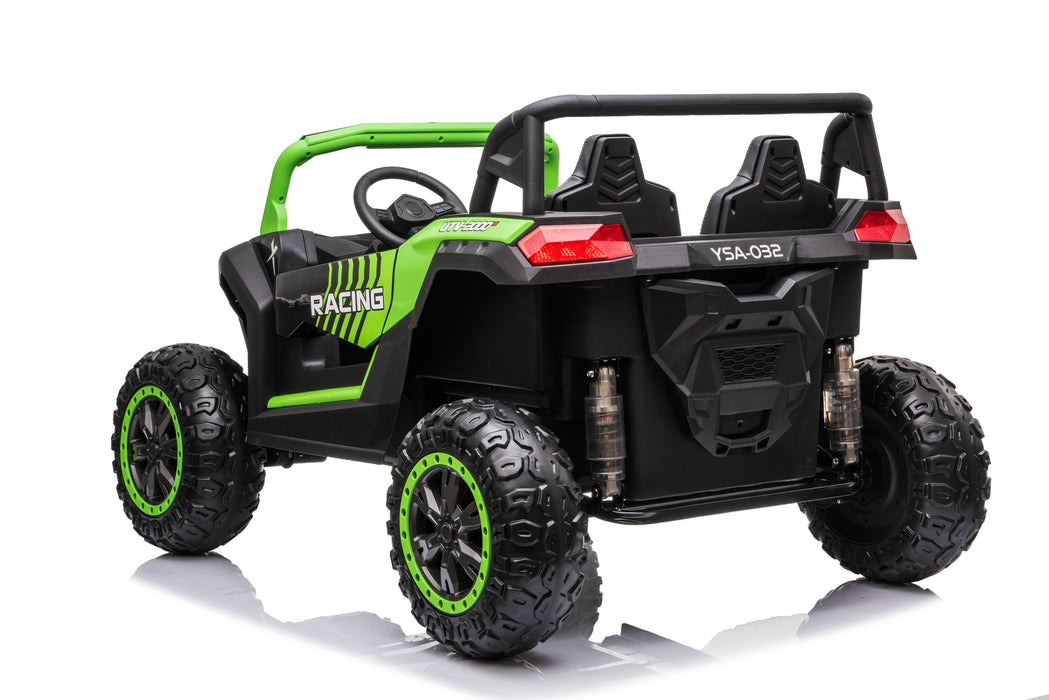 SonicTeck Turbo UTV XXL 24V 4x4 Green Kids Ride-On Car being used outdoors on off-road terrain