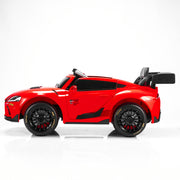 A red toy sports car with black wheels, a black windshield, and a black rear spoiler, shown in a side profile on a white studio background.