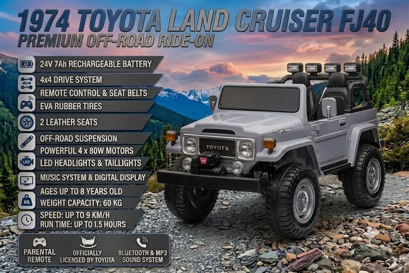 Toyota LandCruiser 24V Ride-On Car – 2-Seater | FJ40 Legendary 1974 | 4X4 | Off-Road Suspension | Rubber Tires | Officially Licensed
