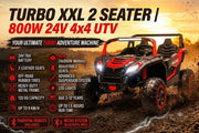 Red and black Turbo XXL 2-seater 800W 24V ride-on 4x4 UTV buggy featuring leather seats, heavy-duty frame, large off-road rubber tires, and LED headlights tearing through a dusty off-road terrain.
