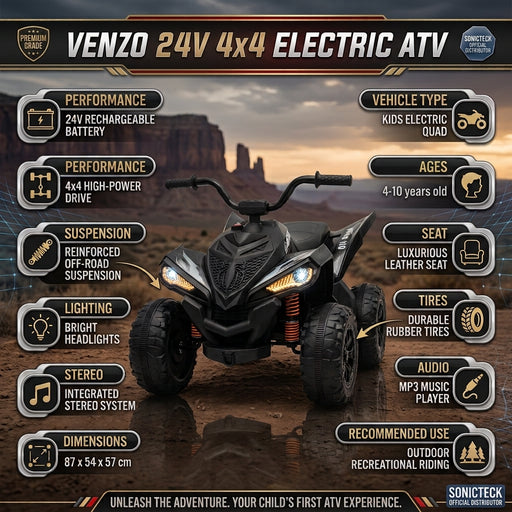 A black VENZO 24V 4x4 kids electric ride-on ATV with aggressive spider-like front end, glowing headlights, and deep-tread tires, presented within a high-tech infographic with gold-accented feature callout bubbles against a desert canyon sunset background