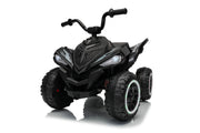 A black kids' ride-on ATV toy with four wheels, black handlebars, and white LED headlights, shown on a reflective white background.