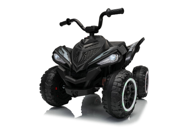 A black kids' ride-on ATV toy with four wheels, black handlebars, and white LED headlights, shown on a reflective white background.