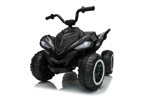 A black kids' ride-on ATV toy with four wheels, black handlebars, and white LED headlights, shown on a reflective white background.
