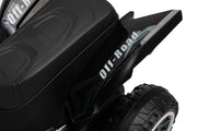 Close-up of a black off-road electric toy vehicle body panel with 'Off-Road' text and a rugged tire on a white background.