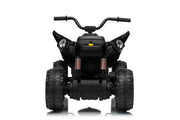 Rubber tire on VENZO 24V kids ATV, Black kids' electric ATV with handlebars, rugged tires, and dual headlight assemblies, shown from a front-facing perspective on a white background.