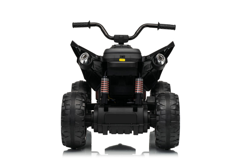 Rubber tire on VENZO 24V kids ATV, Black kids' electric ATV with handlebars, rugged tires, and dual headlight assemblies, shown from a front-facing perspective on a white background.