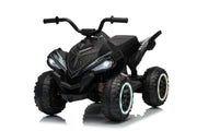 VENZO 24V electric quad for kids, A black kids' ride-on ATV with four wheels, handlebars, and illuminated LED headlights, shown on a clean white background with a subtle reflection.