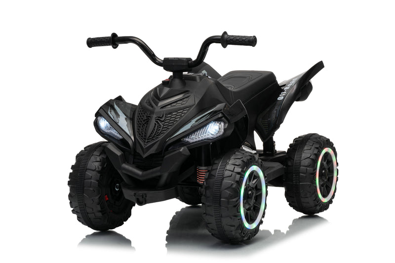 VENZO 24V electric quad for kids, A black kids' ride-on ATV with four wheels, handlebars, and illuminated LED headlights, shown on a clean white background with a subtle reflection.