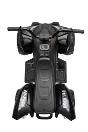 A black off-road trike with a front windshield, handlebars, and protective fenders, shown from a front-facing perspective on a white background.