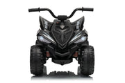 Black kids' ride-on ATV with front headlights, handlebars, and rugged tires, photographed from the front on a white background.