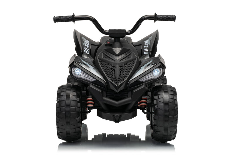 Black kids' ride-on ATV with front headlights, handlebars, and rugged tires, photographed from the front on a white background.