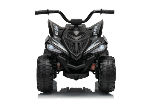Black kids' ride-on ATV with front headlights, handlebars, and rugged tires, photographed from the front on a white background.