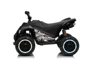 VENZO 4x4 electric ATV for kids, A black kids' ride-on ATV with large off-road tires, LED lighted wheel rims, and 'Off-Road' printed on the side, shown against a white background.