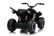 venzo-atv-24v-battery, Black kids' electric ride-on ATV toy with rugged off-road tires, LED lighted wheels, and handlebars, shown on a white background with a reflection.