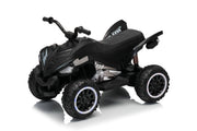 A black kids' ride-on ATV toy with rugged off-road tires, a textured seat, and silver and black graphic accents, shown on a white background with a soft reflection.