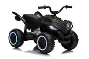 Black kids' electric ride-on ATV with four rugged tires, LED wheel lights, and a seat, shown on a white background.