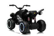 Rear view of VENZO electric ATV, Black kids' electric ride-on ATV with large off-road tires, handlebars, and LED-lit wheel rims, shown on a white background.