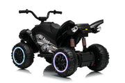 Side view of VENZO 24V kids ATV, Black off-road kids' ride-on ATV with LED wheel lights, shown from a three-quarter rear angle on a white background.