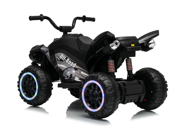 Side view of VENZO 24V kids ATV, Black off-road kids' ride-on ATV with LED wheel lights, shown from a three-quarter rear angle on a white background.