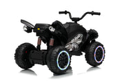 Black kids' electric ride-on ATV with off-road tires, handlebars, and LED lighted wheel rims, shown on a white background.