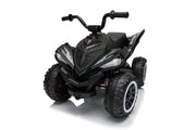 A black kids' electric ride-on ATV with rugged off-road tires, a high handlebar, and a sporty front grille, shown on a clean white background.