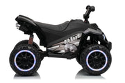 Black off-road kids' ride-on ATV with large knobby tires, LED lighted wheel rims, and 'Off-Road' text on the side, shown on a white background.