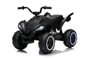 VENZO kids ride-on ATV, Black kids' ride-on ATV with LED headlights and blue-lit wheels, shown on a white background.