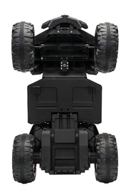 Black undercarriage view of a rugged four-wheeled toy vehicle or utility cart on a plain white background.