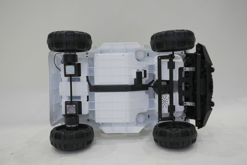 Rear view of white 12V electric ride-on Jeep Wrangler