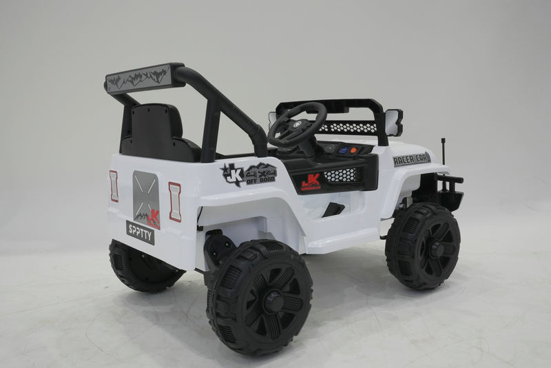 interior seat and seat belt safety feature of white ride-on Jeep